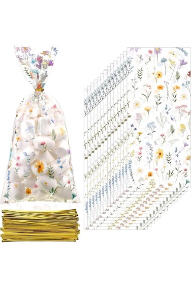 100 Pcs Wildflower Party Cellophane Treat Bags, Floral Candy Plastic Clear Goody Bags, Candy Bag fo