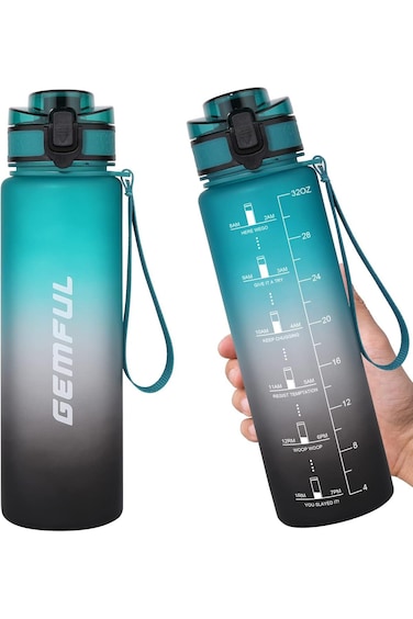 GEMFUL Water Bottle 1L with Straw Motivational Time Marker Tritan BPA Free Drink Bottle for Sports