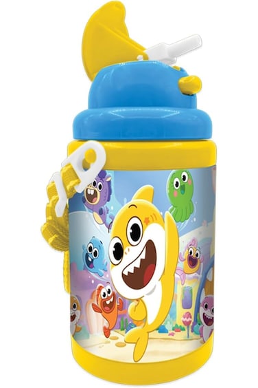 Babyshark Plastic Water Bottle with Straw and Strap for School, 450 ml Capacity