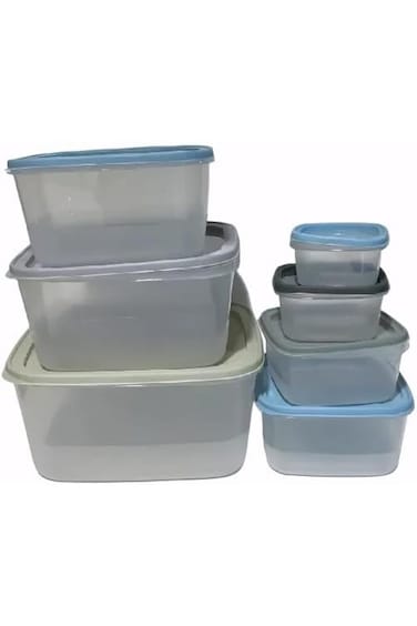 مجموعة حاويات تخزين الطعام من بي آند دي مع أغطية، 7 قطع، بلاستيك شفاف بأغطية زرقاء ورمادية