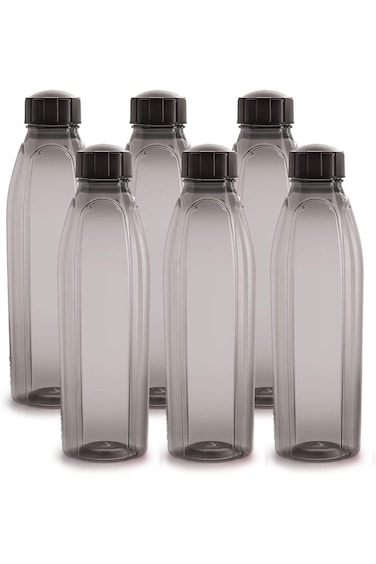 Cello Crystal PET Bottle Set, 1 Litre, Set of 6, Black