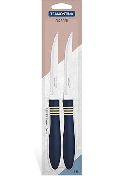Tramontina Cor&amp;Cor 2 Pieces Steak Knife Set with Stainless Steel Blade and Blue Polypropylene Handl