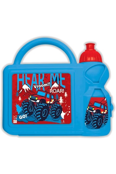 طقم صندوق غداء وزجاجة مياه بلاستيكي مطبوع عليه سيارة للأطفال، أزرق فاتح
