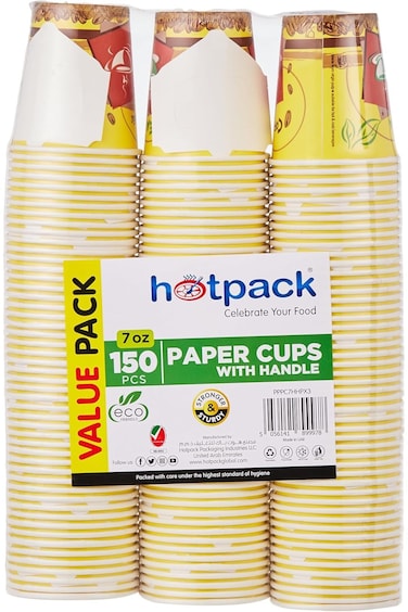 Hotpack Disposable Paper Cups with Handle 7oz, 50 Pieces Pack of 3, 150 Cups