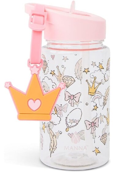 Manna Buddy Crown Themed Design Water Bottle with Strap Clear and Pink 15oz AC55354