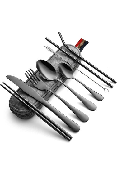 U HOOME Portable Utensils, Travel Camping Cutlery Set, 9-Piece including Knife Fork Spoon Chopstick