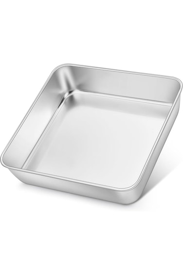 E-far 8x8 Inch Square Cake Pan, Stainless Steel Baking Pan for Lasagna Brownies Casseroles, Silver