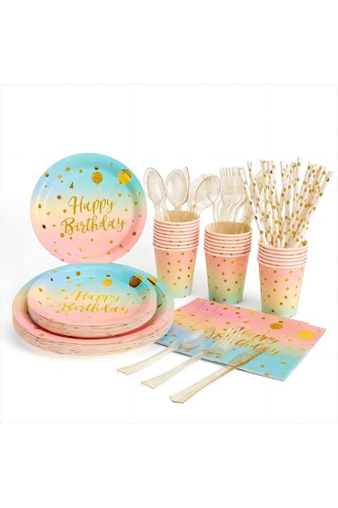 DHB Tech 80 PCS Gradient Gold Party Supplies Set - Disposable Paper Plates, Napkins, Cups, White St