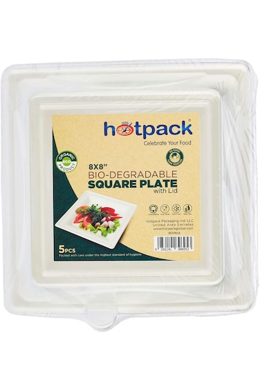 طبق مربع قابل للتحلل الحيوي من هوت باك، مقاس 8×8 بوصة، مع غطاء، 5 قطع