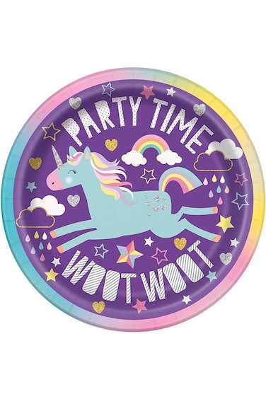 Unique Party Multicolour Unicorn 7" Plate, 8 Pack, Cardboard with Reinforced Edges, Paper Plate