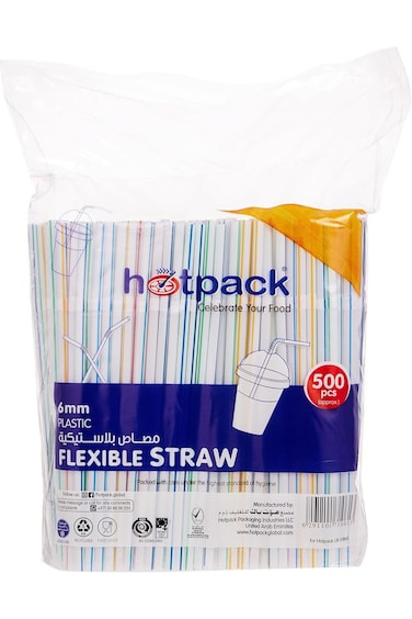 Hotpack Disposable Flexible Drinking Straws 6mm for cold drinks , Juice , 500 Pieces
