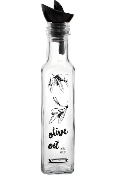 Solmazer Herevin 250ml Square Glass Oil &amp; Vinegar Bottle with Olive Oil Text - Black Print and Plas
