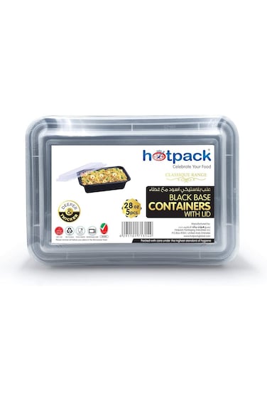 علبة تحضير وجبات مستطيلة بقاعدة سوداء قابلة للاستخدام في الميكروويف من هوت باك مع غطاء شفاف، علب غداء سعة 28 أونصة