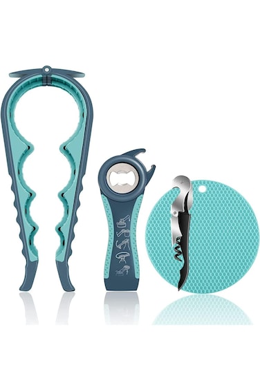 فتاحة علب ALMEKAQUZ، فتاحة زجاجات للأيدي الضعيفة، فتاحة علب متعددة الوظائف 5 في 1 K