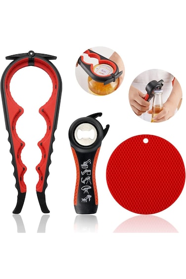 طقم فتاحة برطمانات توريسيك مكون من 3 قطع، 5 في 1، فتاحة علب متعددة الوظائف، وفتاحة زجاجات بمقبض من السيليكون