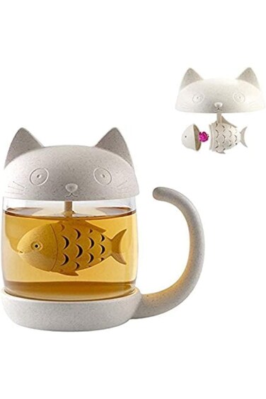 Cat Tea Cup Cute Tea Mug Glass Tea Pot with Fish Tea Infuser for Loose Leaf Tea (White 8oz)