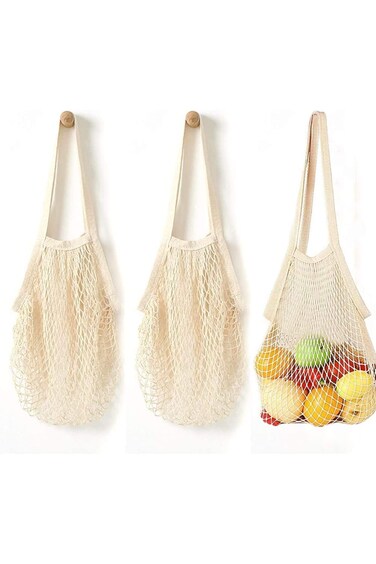 Azonee Reusable Net String Shopping Bags, 3 Pack Grocery Mesh Bags Portable, Washable Organic Cotto