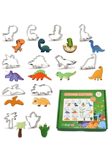 Azonee 12 Pcs Dinosaur Cookie Cutters, Footprint, Dinosaur Eggs, Brontosaurus, Camarasaurus, Stegos
