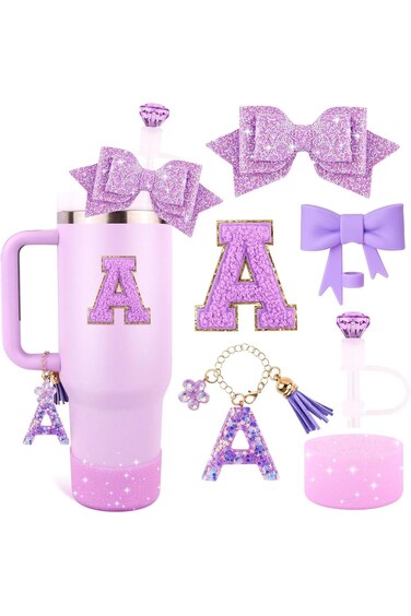 Purple Cup Accessories Set for Stanley 30OZ &amp; 40OZ Tumbler with Handle, Letter Charms, Bow &amp; Diamon