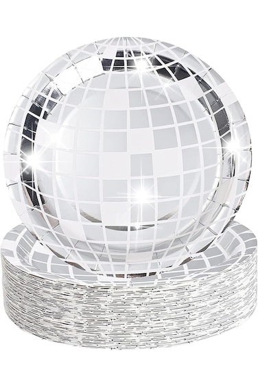 تزوييق، 25 قطعة من أطباق الديسكو، أطباق كرة الديسكو الفضية من السبعينيات، لوازم الحفلات، أطباق ورقية للاستخدام مرة واحدة