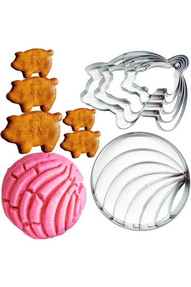 Concha Cutter Bread Mold 4.1in with 5pc Pig Cookie Cutter Cortador De Conchas De Pan Concha Stamp B