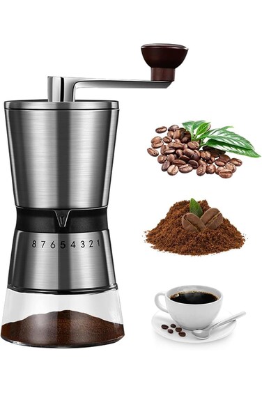 مطحنة قهوة يدوية من IEK، مطحنة قهوة يدوية من الفولاذ المقاوم للصدأ مع إعداد قابل للتعديل ومخروط سيراميك