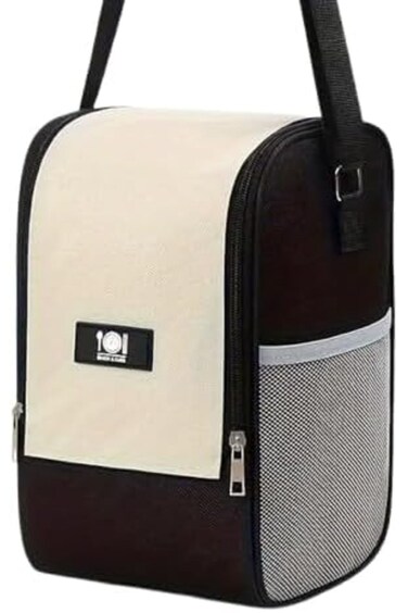 WDA Insulated Lunch Bag with Mesh Pocket, Black and Beige, Adjustable Shoulder Strap