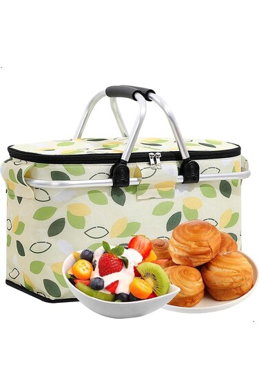 Joyzzz Insulated Picnic Basket, Large-Capacity, Portable &amp; Collapsible, Spotted Print, Aluminum Fra