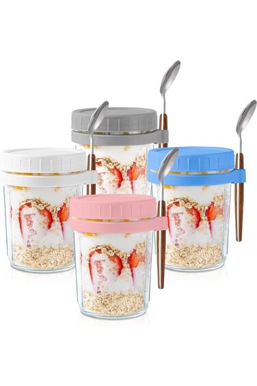 4 Pack Glass Jar, Overnight Oats Containers with Lids and Spoons, 16 Oz Glass Mason Jars for Overni