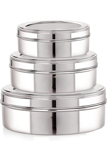 Set of 3 Multipurpose Stainless Steel Flat Canisters with See-Through Glass Lids - Stainless Steel