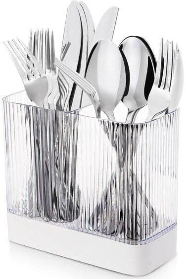 Plastic Utensil Holder for Kitchen, Sink Caddy with Removable Drainable Design, 2-Compartment Cutle