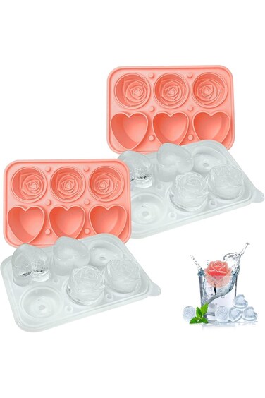 NewBinn Pink Ice Cube Molds 2 Pack, Rose &amp; Heart-shaped Ice Cube Trays with Built-in Funnel, Silico