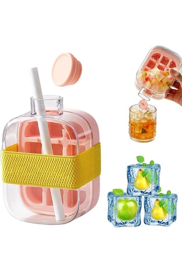 زجاجة مكعبات الثلج، 2 في 1 قالب مكعبات الثلج بدون لمس، زجاجة ماء مع غطاء وصندوق، زجاجة ثلج مكعب