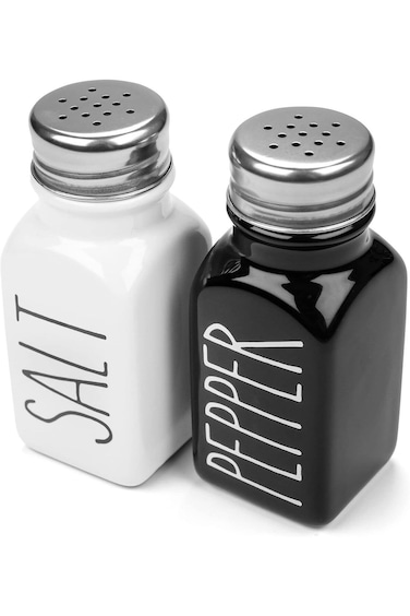 Oasisgalore Farmhouse Ceramic Salt and Pepper Shaker Set with Extra Lids. Black Pepper and White Sa