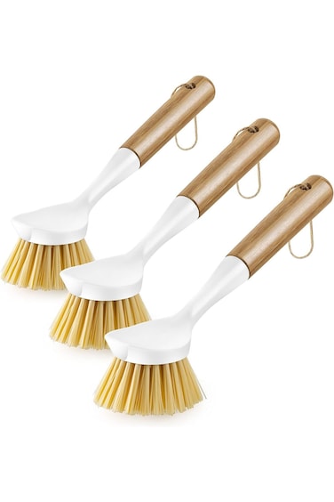 3 Pack Bamboo Brush with Long Handle for Dishes,Floor Scrubbers Cleaning Small Bottle Scrub Dishes