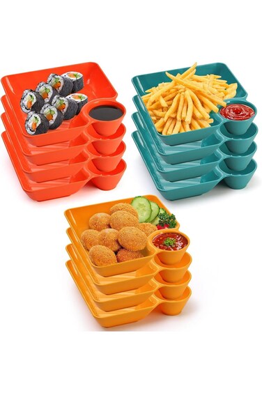 Tazweeq Chip Dip Serving Platter Set, 12pcs Plastic Dumpling Plates with Sauce Compartment for Appe