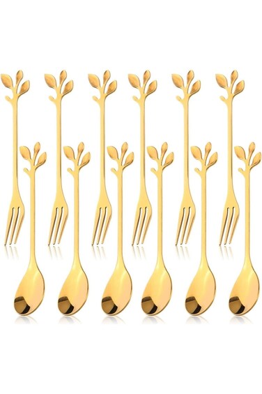 12 قطعة من ملاعق القهوة وشوك الكيك المصنوعة من الفولاذ المقاوم للصدأ والمزينة بأوراق ذهبية، مجموعة أدوات مائدة أنيقة للحلوى والشاي