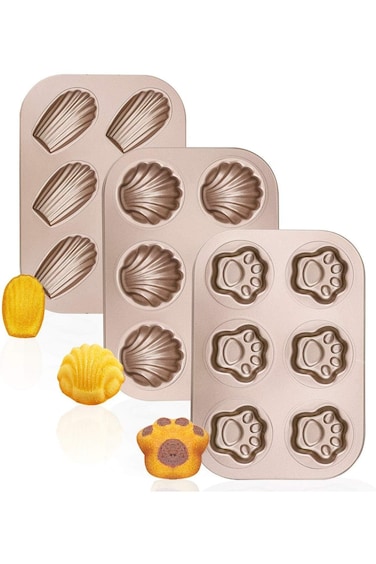 NALACAL Madeleine Pans, 3 Pack 10x7 Inch 6 Cavity Nonstick Cat Shaped Cake Cookies Pan Carbon Steel