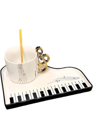 مجموعة أكواب قهوة ALMEKAQUZ مع ملعقة وصحن، مصنوعة من السيراميك بتصميم لوحة مفاتيح البيانو باللونين الأبيض والأسود