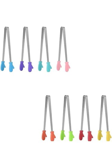 8PCS Silicone Mini Tongs, 5Inch Glove Shape Food Tongs, Colourful Small Kids Tongs for Serving Food
