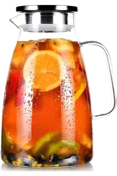 Glass Pitcher, 1.8L / 60 oz Glass Pitcher with Stainless Steel Lid, Hot&amp;Cold Water Pitcher With Han