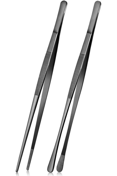 MAKINGTEC Cooking Tweezer Tongs, Stainless Steel 12" Kitchen Pointed Round Head Tweezers with Preci