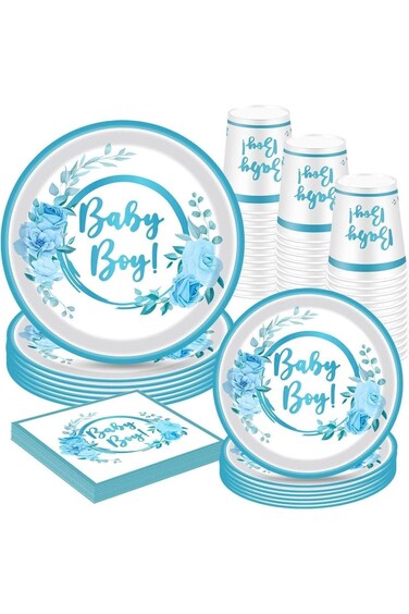 Baby Boy Shower Paper Plates and Napkins Boy Decorations, 68Pcs for 16 Guest with Baby Blue Floral