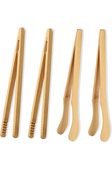4PCS Toast Tongs, Bamboo Toaster Tongs, Reusable Bamboo Kitchen Tongs for Cheese Bread BBQ Fried Fo