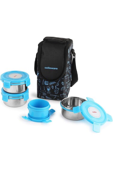 CELLO Max Fresh Click Stainless Steel Leakproof Lunch Box Set with Bag   4 Containers - 300ml x 3