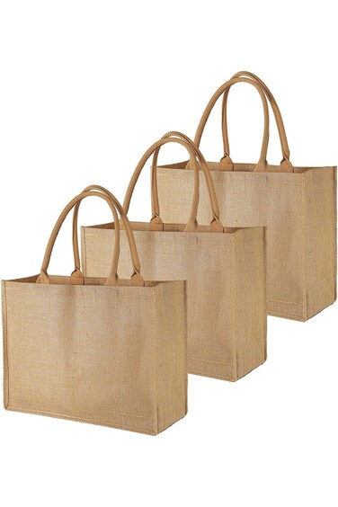 YONGERN 3 Pack Burlap Tote Bags Bulk Cotton Handles Laminated Interior X-Large Jute Gift Tote Beach
