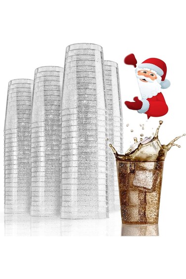 أكواب بلاستيكية من خزنة، 25 كوبًا، سعة 10 أونصات، أكواب بلاستيكية شفافة لامعة فضية، قابلة للتخلص منها من البلاستيك الصلب