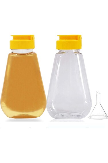 2 Pack Empty Plastic Honey Bottles with Funnel, 200ml Squeeze Honey Jars Leakproof Honey Dispenser