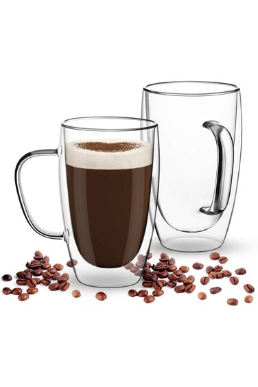 كوبان قهوة زجاجيان مزدوجان الجدار من COMOOO، سعة 16 أونصة، معزولان بزجاج شفاف بمقبض للقهوة