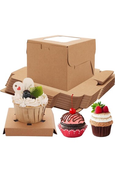 Pack of 50 Brown Cupcake Boxes with Clear Display Window, 9x9x7.5 cm - Perfect Small Bakery Contain